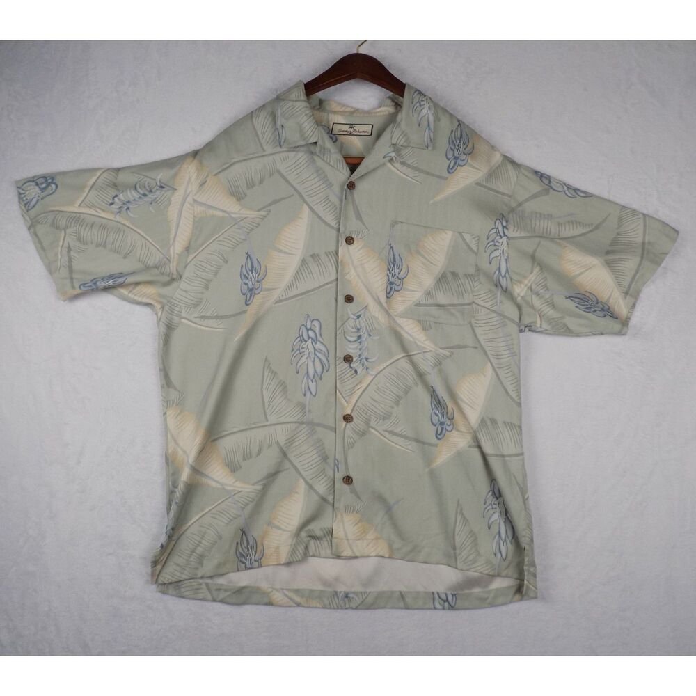 Vintage Tommy Bahama Men's Shirt Wooden Button Tropical Leaf Floral Print Large